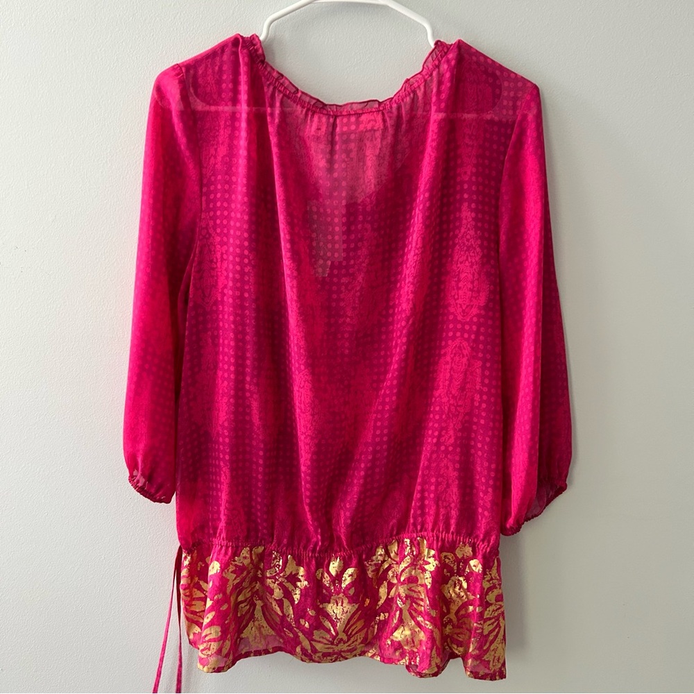 Chico’s Damask Shimmer Lacy Top 3/4 Bengali Pink Sheer Blouse NWT Size Large (2) - Picture 7 of 9